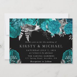 水彩ティール（緑がかった色）銀バラ結婚ズ 招待状