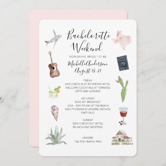 水彩テキサス州バチェロレッテ週末の日程 招待状 (正面/裏面)