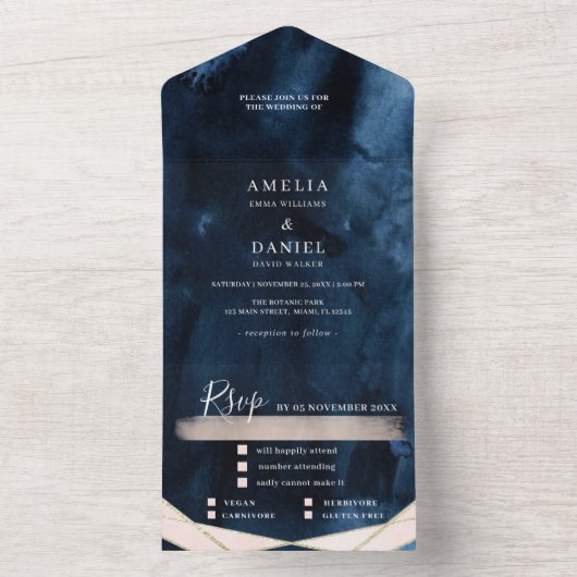 水彩テクスチャーの神秘的なネイビーブルーとピンクのウェディング オールインワン招待状 (内側)
