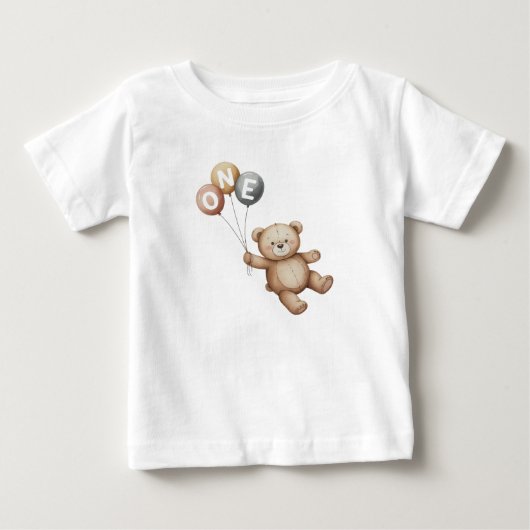 水彩テディベアとバルーン最初の誕生日 ベビーTシャツ (正面)