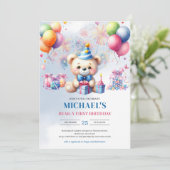 水彩テディベアのキャンディー ベアーの最初の誕生日 招待状 (スタンド正面)