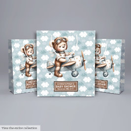 水彩テディベアパイロットベビーシャワートリートバッグ ミディアムペーパーバッグ