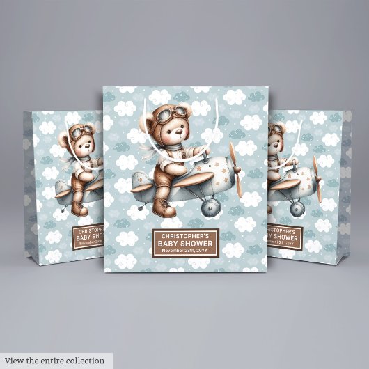 水彩テディベアパイロットベビーシャワートリートバッグ ミディアムペーパーバッグ