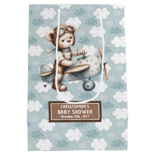 水彩テディベアパイロットベビーシャワートリートバッグ ミディアムペーパーバッグ (裏面)