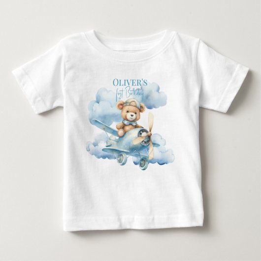 水彩テディベアパイロット ファーストバースデー ベイビー ベビーTシャツ (正面)