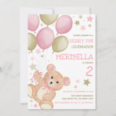 水彩テディベアピンク金ゴールド女子誕生日 招待状 (正面)