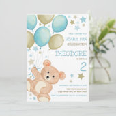 水彩テディベアブルー金ゴールドボーイズ誕生日 招待状 (スタンド正面)