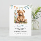 水彩テディベアブルー1st誕生日 招待状 (スタンド正面)