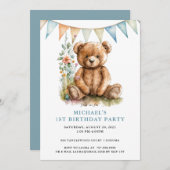 水彩テディベアブルー1st誕生日 招待状 (正面/裏面)