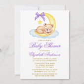 水彩テディベアームーンパープルドット赤ちゃんシャワー 招待状 (正面)