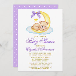 水彩テディベアームーンパープルドット赤ちゃんシャワー 招待状