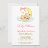 水彩テディベアームーンピンクドットベビーシャワー 招待状 (正面)