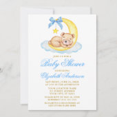 水彩テディベアームーンブルードットベビーシャワー 招待状 (正面)