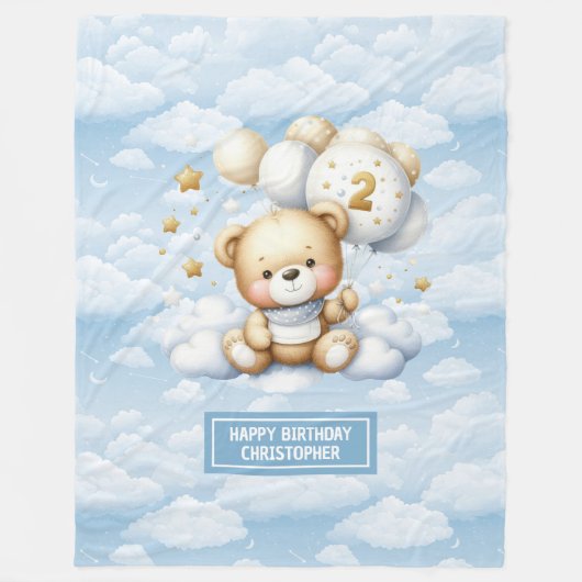 水彩テディベア毛布2nd誕生日の男の子 フリースブランケット (正面)