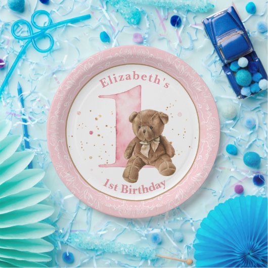 水彩テディベア第1誕生日紙プレート ペーパープレート (パーティー)