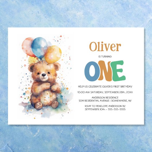 水彩テディベア1st誕生日パーティー 招待状