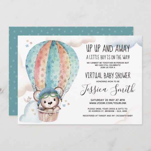 水彩テディベア | オンライン赤ちゃんシャワー 招待状 (正面/裏面)