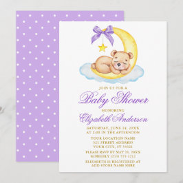 水彩テディベア ムーン パープル ドット ベビーシャワー 招待状