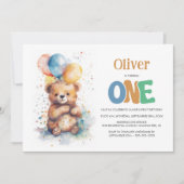 水彩テディベア 1歳の誕生日パーティー 招待状 (正面)