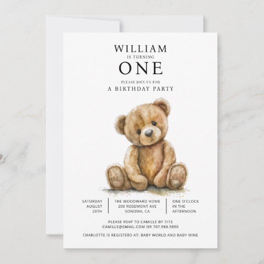 水彩テディベア 1歳の誕生日パーティー 招待状 (正面)
