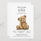 水彩テディベア 1歳の誕生日パーティー 招待状 (正面/裏面)