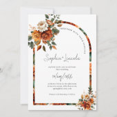水彩テラコッタ フローラル ボヘミア アーチ ウェディング 招待状 (正面)