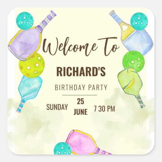 水彩テーマピックルボールスポーツバースデーパーティー スクエアシール (正面)