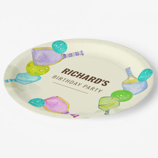 水彩テーマピックルボールスポーツバースデーパーティー ペーパープレート (アングル)