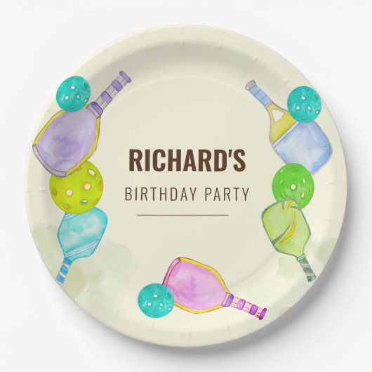 水彩テーマピックルボールスポーツバースデーパーティー ペーパープレート (正面)