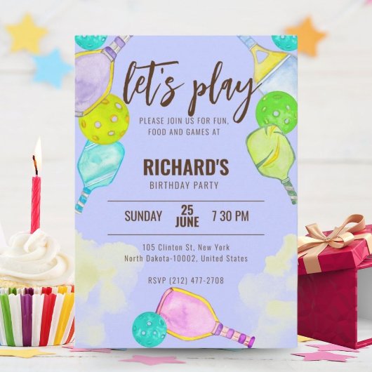 水彩テーマピックルボールブルーバースデーパーティー 招待状