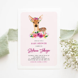 水彩ディアパープルフラワーベビーシャワー 招待状