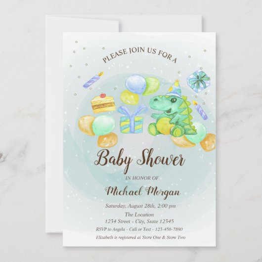 水彩ディノ、ケーキ、プレゼント招待状 招待状 (正面)