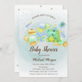 水彩ディノ、ケーキ、プレゼント招待状 招待状 (正面/裏面)