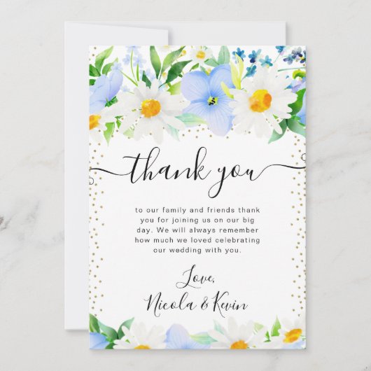 水彩デイジーと青結婚花 サンキューカード (正面)