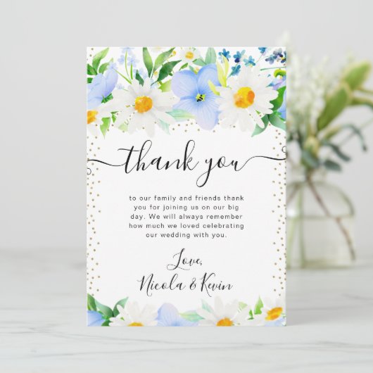 水彩デイジーと青結婚花 サンキューカード (スタンド正面)