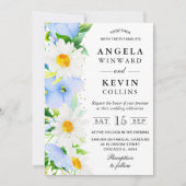 水彩デイジーと青結婚花 招待状 (正面)