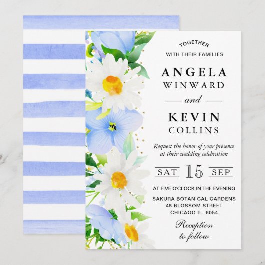 水彩デイジーと青結婚花 招待状 (正面/裏面)