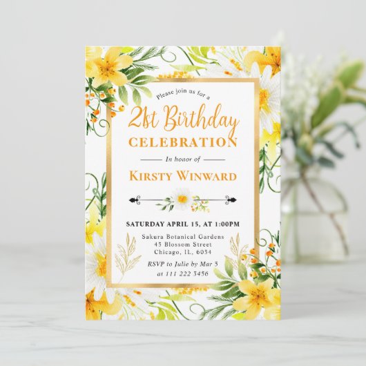 水彩デイジーと黄色の花21歳の誕生日 招待状 (スタンド正面)