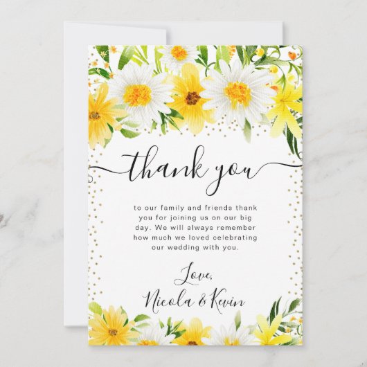 水彩デイジーと黄色結婚の花 サンキューカード (正面)