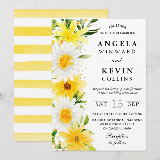 水彩デイジーと黄色結婚の花 招待状 (正面/裏面)