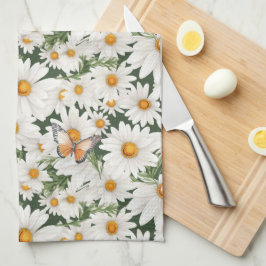 水彩デイジーと（昆虫）オオカバマダラ、モナーク蝶 キッチンタオル