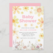 水彩デイジーガールピンクベビーシャワー招待状 招待状 (正面/裏面)