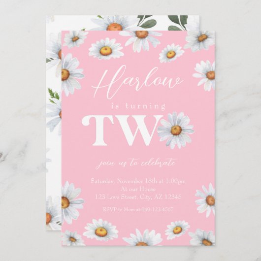 水彩デイジーツーガールの2回目の誕生日 招待状 (正面/裏面)