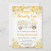 水彩デイジートラックと花21歳の誕生日 招待状 (正面)