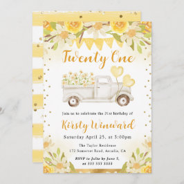 水彩デイジートラックと花21歳の誕生日 招待状