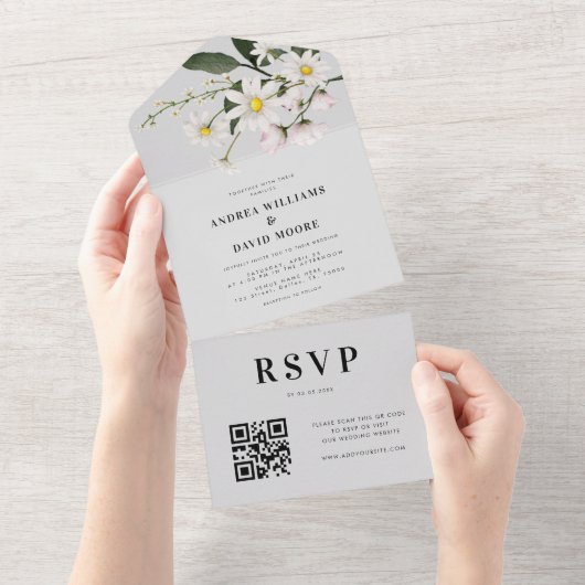 水彩デイジーフローラ繊細なQRコード結婚ズ オールインワン招待状 (貼ってはがせる)