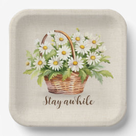 水彩デイジーブーケ入りバスケット ペーパープレート