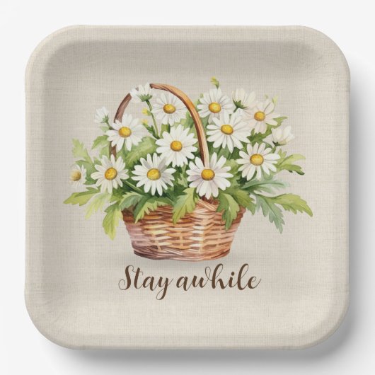 水彩デイジーブーケ入りバスケット ペーパープレート (正面)