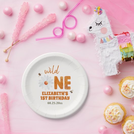 水彩デイジーワイルドワン1歳の誕生日ガール ペーパープレート (パーティー)