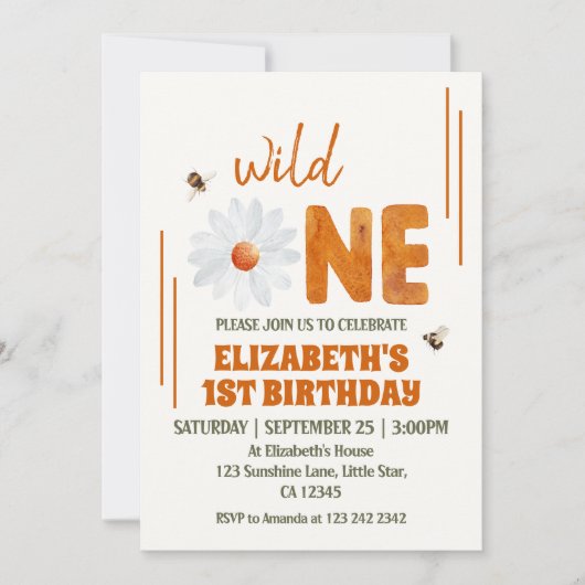 水彩デイジーワイルドワン1歳の誕生日ガール 招待状 (正面)